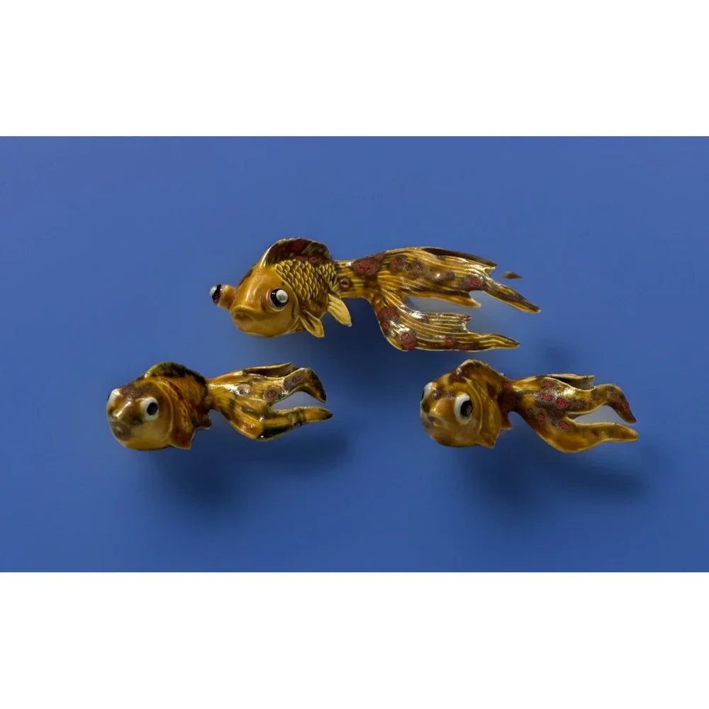 Set of 3 Koi Fish Ceramic Handcxrafted Gold Red Green Signed Irene Marosy